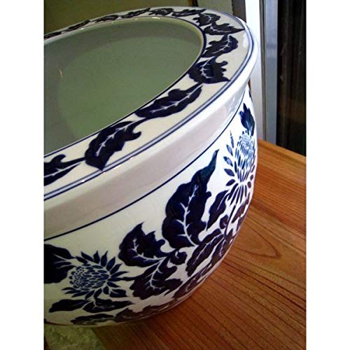 陶器　火鉢・花鉢 Amazon.co.jp: ウッドギャラリー樹 浮彫魚缶 洋蓮 青 大 水鉢 大型